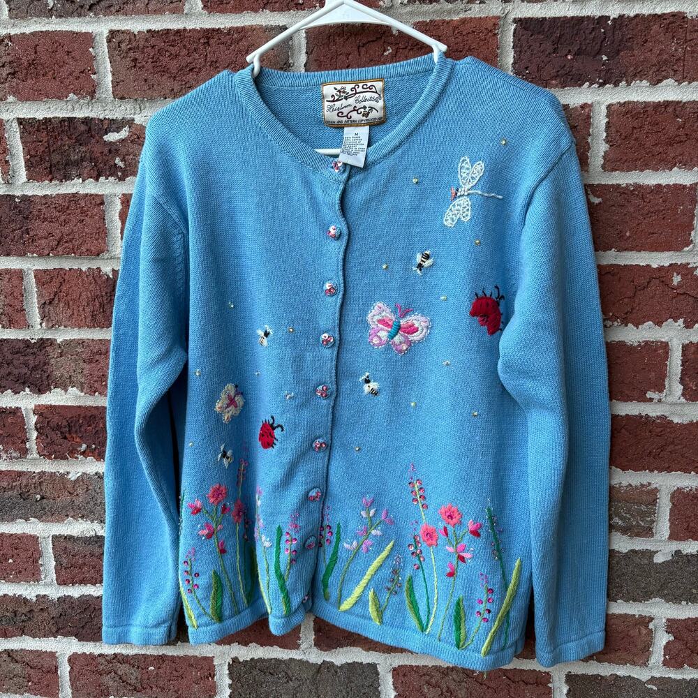 Herloom Collectibles Embroidered Butterfly Garden Cardigan Size Womens Medium